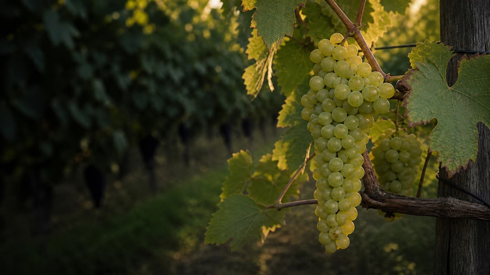 Ripe green-yellow Johanniter bunch in natural vineyard light