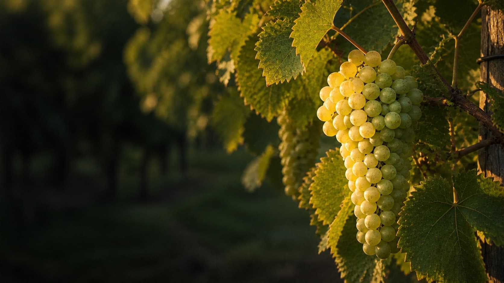 Ripe green-gold Solaris bunch in warm vineyard light